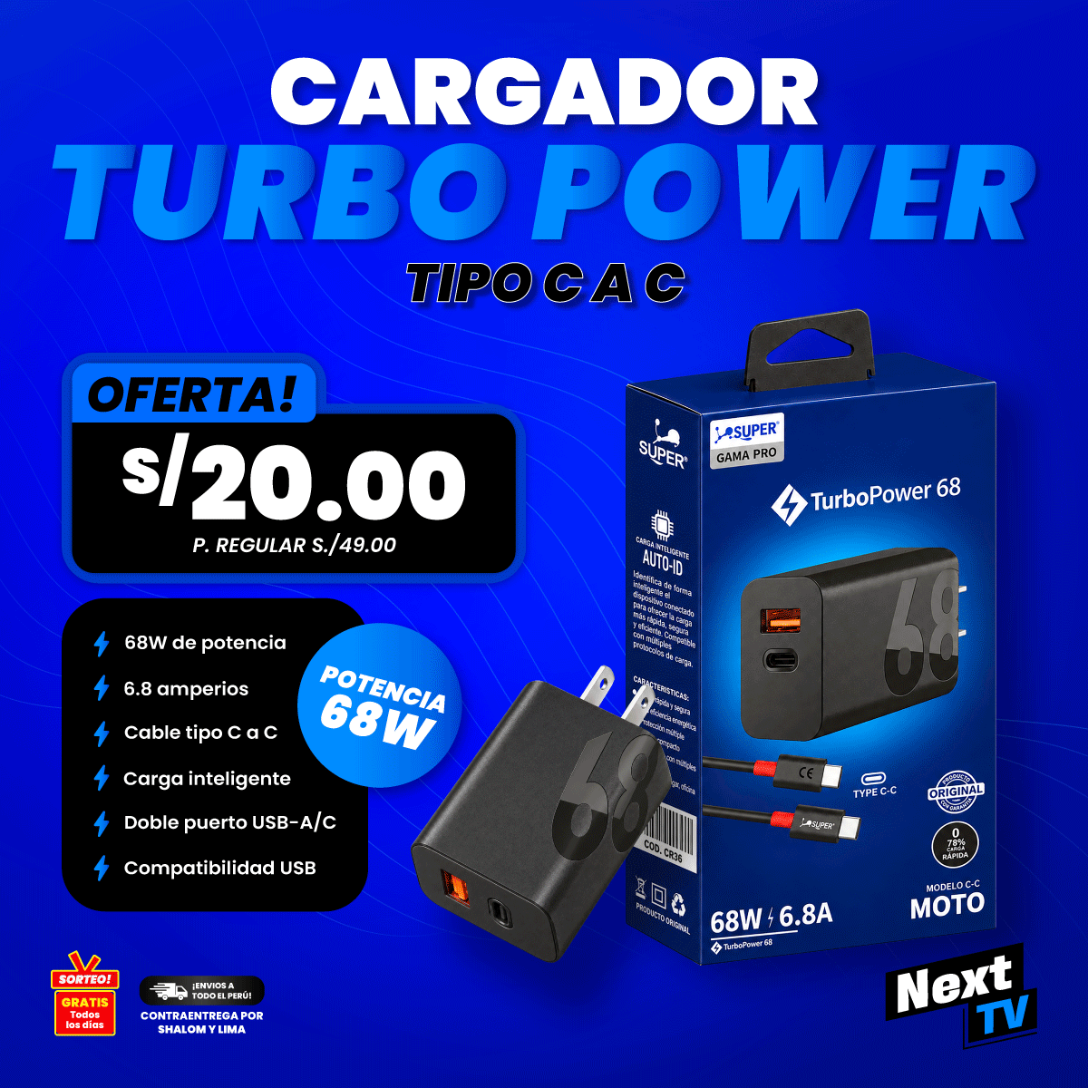 CARGADOR SUPER TURBO POWER 68 68W MOTO TIPO C A C - CR36
