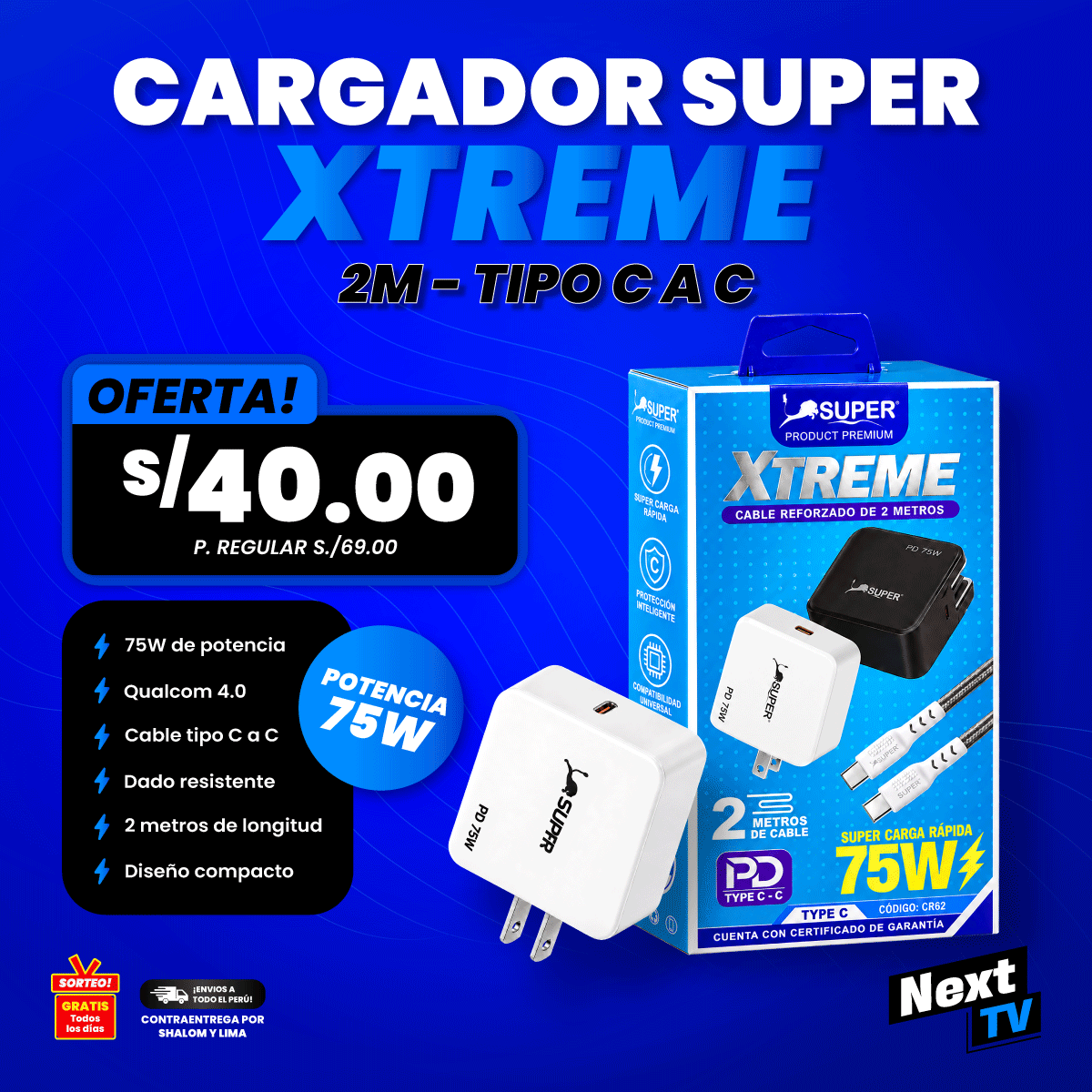 CARGADOR SUPER XTREME 75W TIPO C A C - CR62