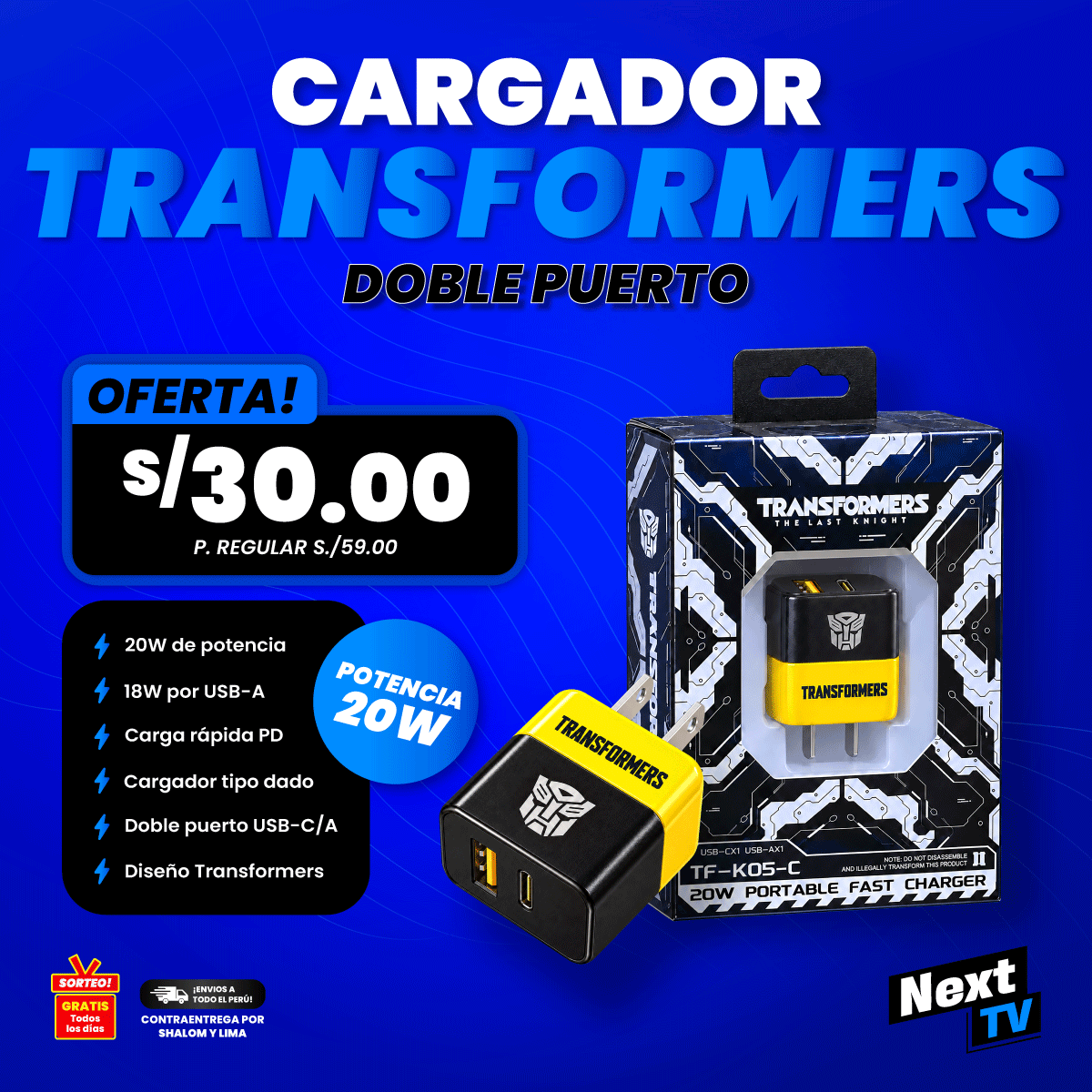 CARGADOR TRANSFORMERS DADO DOBLE PUERTO 20W - T32