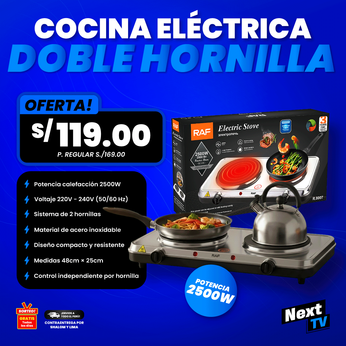 COCINA ELÉCTRICA DOBLE HORNILLA RAF 2500W