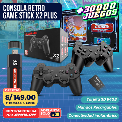 Consola Retro Game Stick X2 Plus 4K | 30,000 Juegos | 128GB + 2 Mandos Inalámbricos
