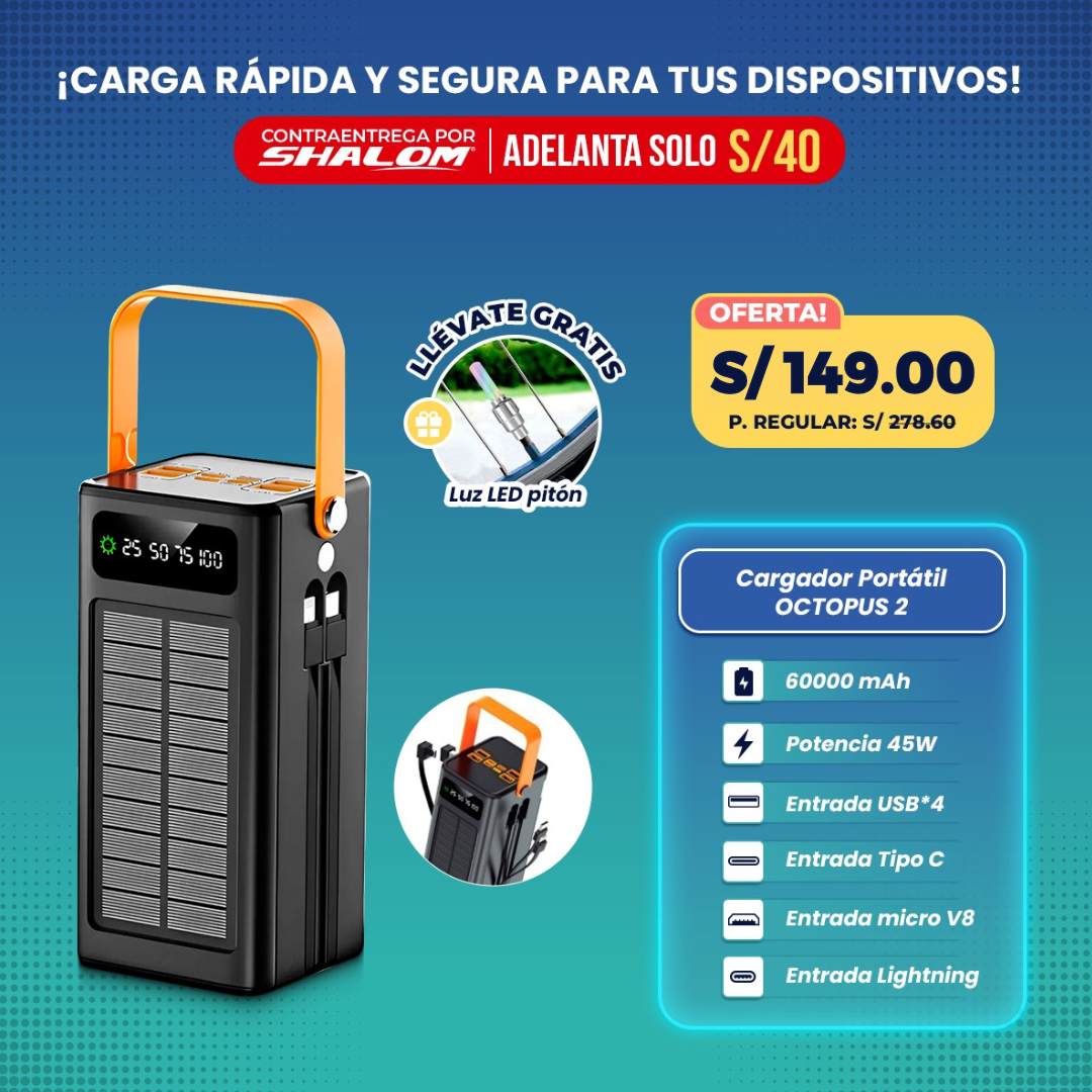 Cargador Portátil Solar 60000mAh OCTOPUS 2 / 4EN1 45W SUPER CARGA RÁPIDA