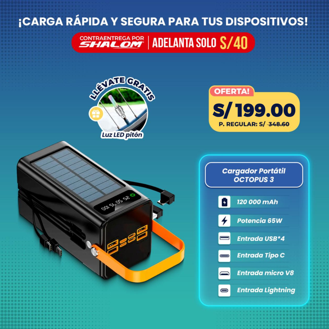 Cargador Portátil Solar 120000mAh OCTOPUS 3 / 4EN1 65W SUPER CARGA RÁPIDA
