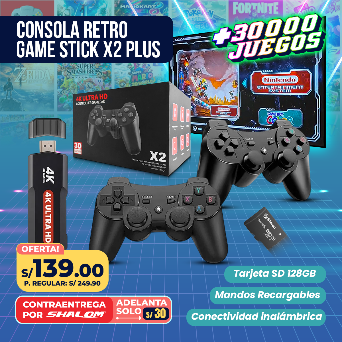 Consola Retro Game Stick X2 Plus 4K | 30,000 Juegos | 128GB + 2 Mandos Inalámbricos