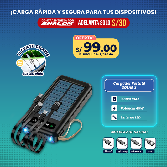 Cargador Portátil Solar 30000mAh / 4EN1 45W CARGA RÁPIDA