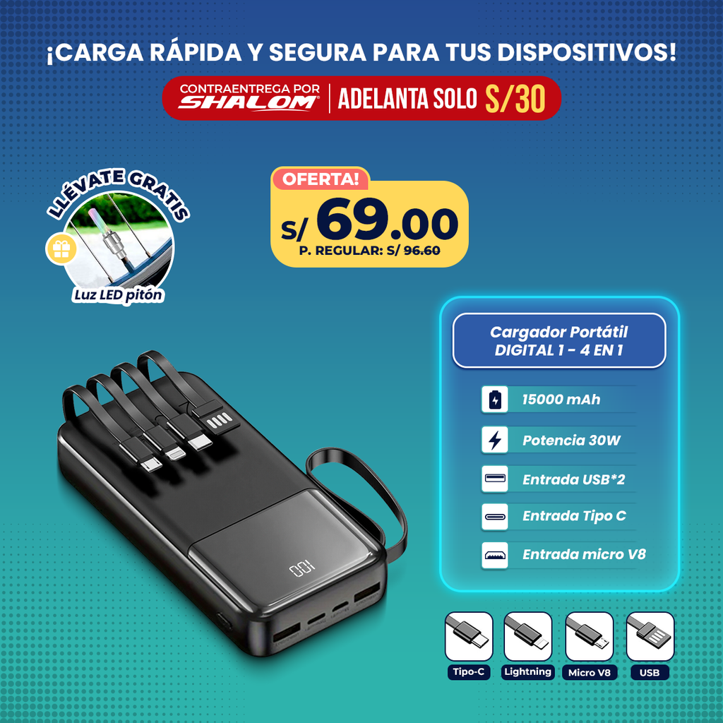 Cargador Portátil Digital 15000mAh / 4EN1 30W CARGA RÁPIDA