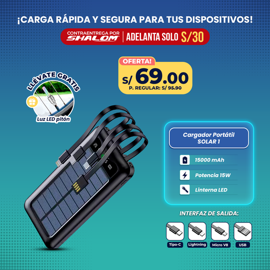 Cargador Portátil Solar 15000mAh / 4EN1 15W CARGA RÁPIDA