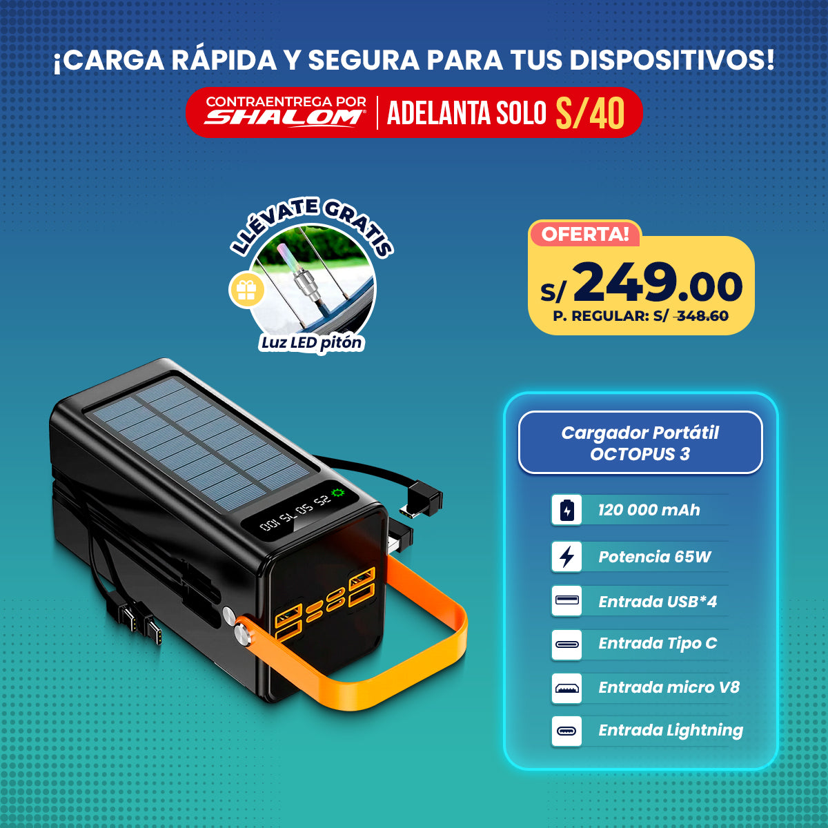 Cargador Portátil Solar 120000mAh OCTOPUS 3 / 4EN1 65W SUPER CARGA RÁPIDA