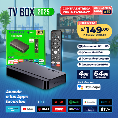 TV Box Android 14 | 4GB RAM + 64GB Memoria | Ultra HD 8K | WiFi + Bluetooth | Control por Voz Google