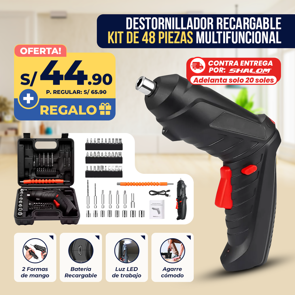Taladro Atornillador Eléctrico con Kit de 48 Piezas Multifuncional