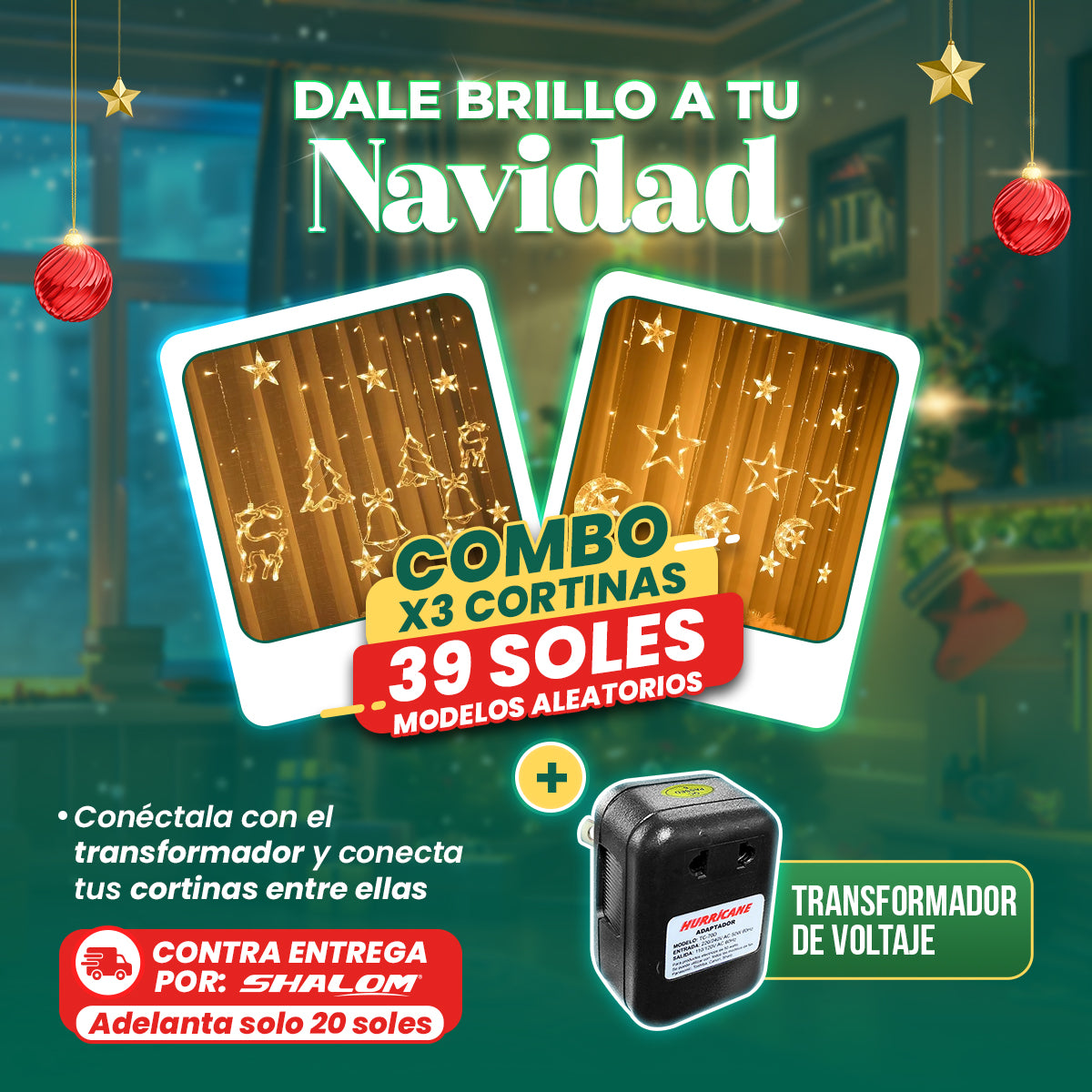 Combo Navideño 3 Cortinas de Luces + Transformador