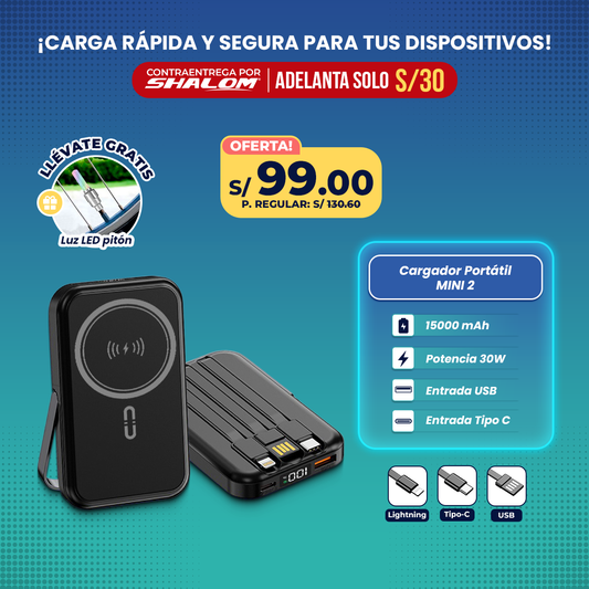 Cargador Portátil MINI 2 15000mAh / 3EN1 30W CARGA INALÁMBRICA