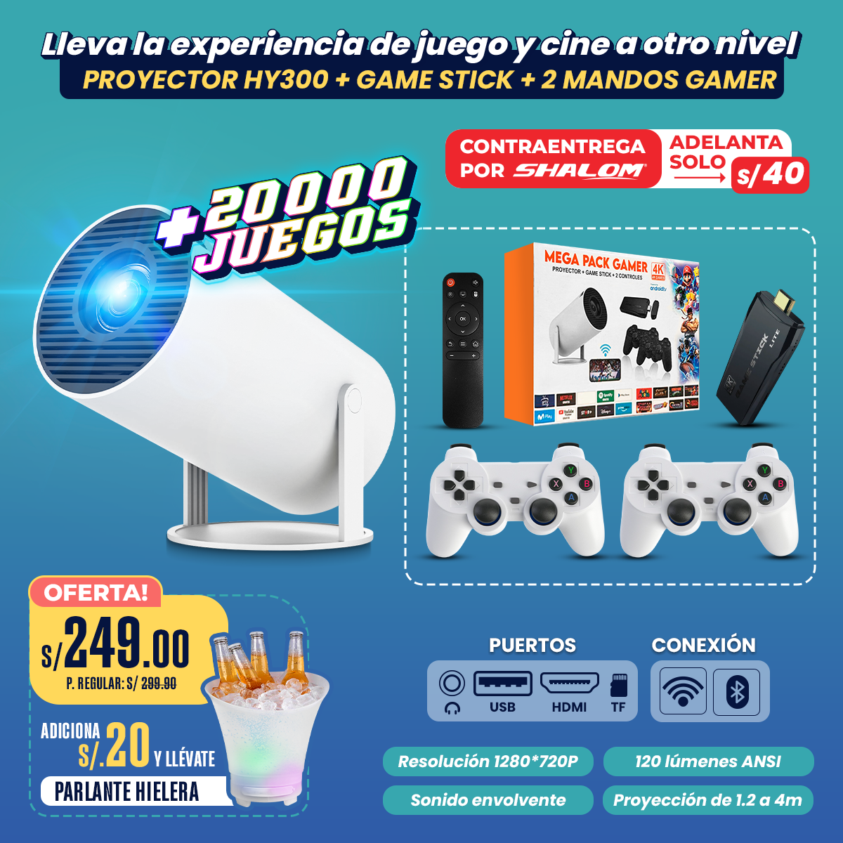 MEGA PACK GAMER – Proyector + Game Stick 4K + 2 Controles Inalámbricos
