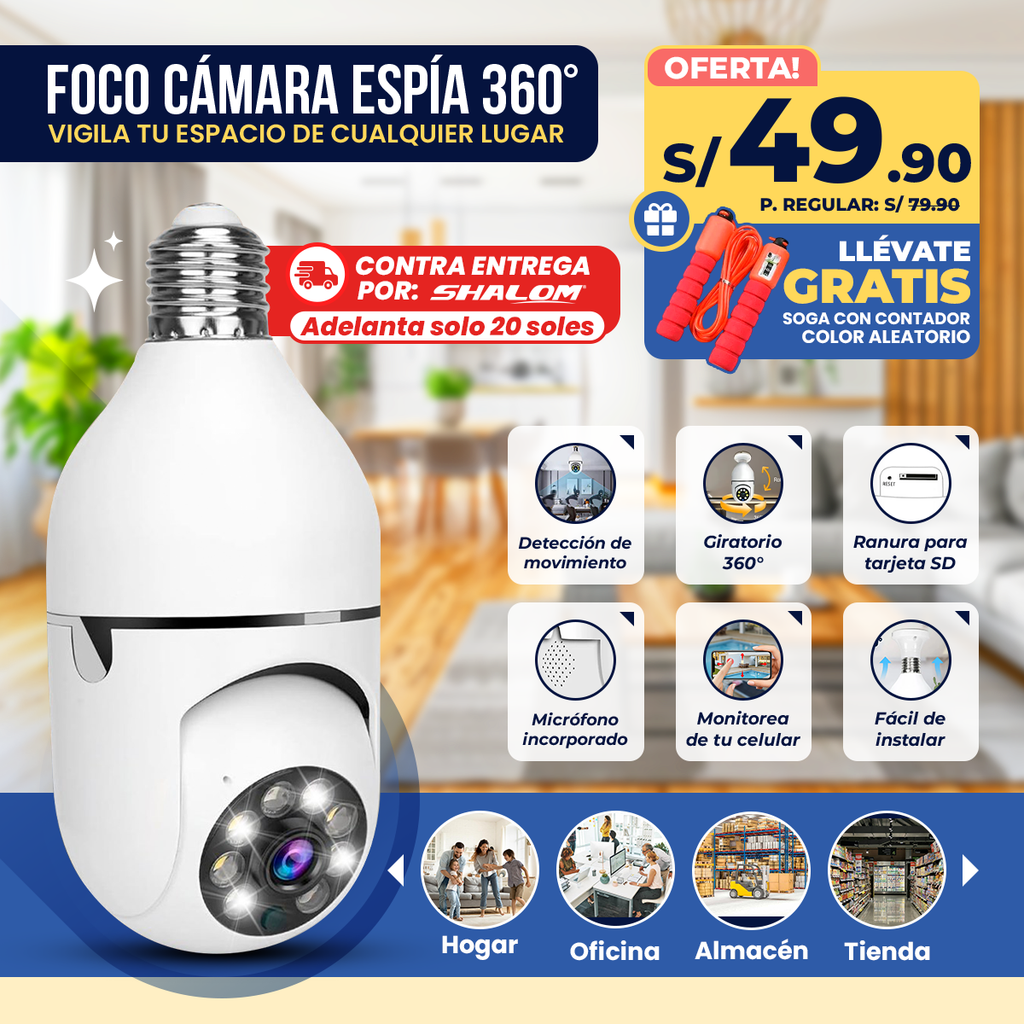 Foco Cámara Espía 360° – Seguridad Total con Visión Panorámica y Conexión WiFi