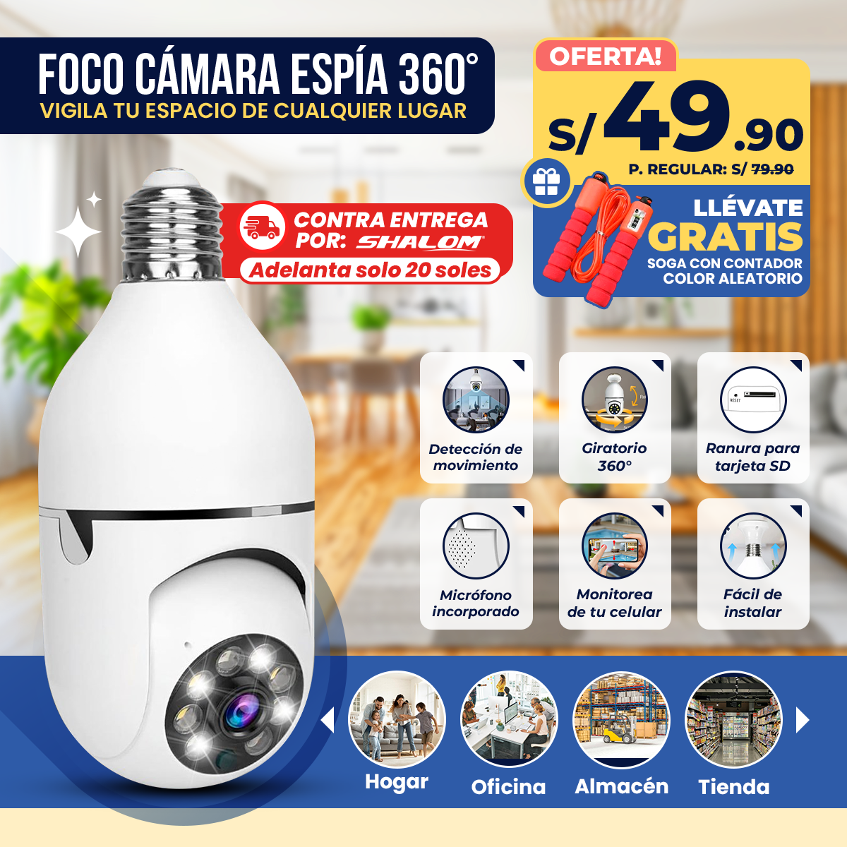 Foco Cámara Espía 360° – Seguridad Total con Visión Panorámica y Conexión WiFi