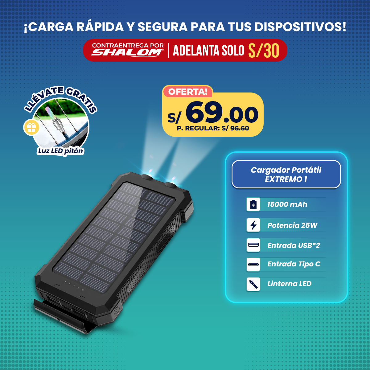 Cargador Portátil Solar Extremo 15000mAh / 4EN1 25W CARGA RÁPIDA