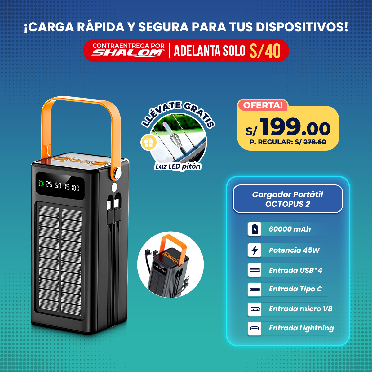 Cargador Portátil Solar 60000mAh OCTOPUS 2 / 4EN1 45W SUPER CARGA RÁPIDA