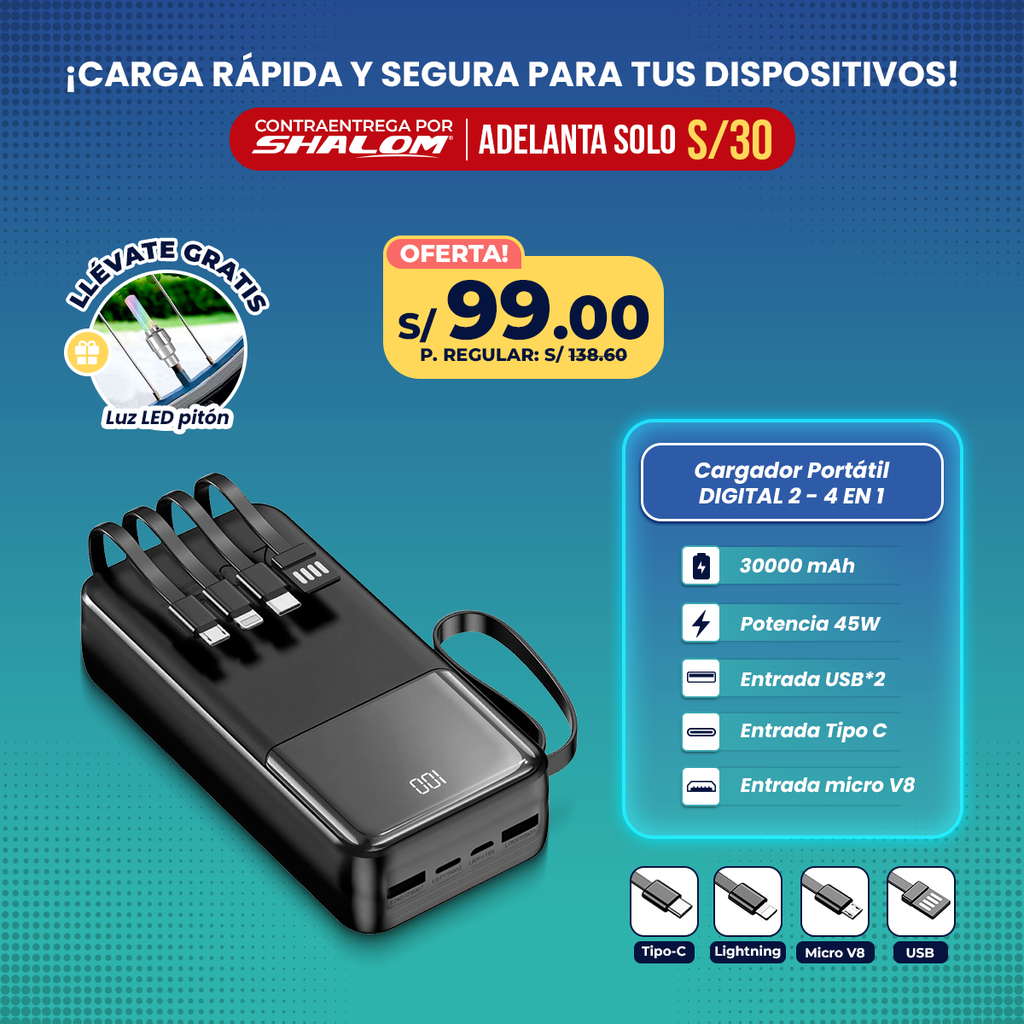 Cargador Portátil Digital 30000mAh / 4EN1 45W SUPER CARGA RÁPIDA