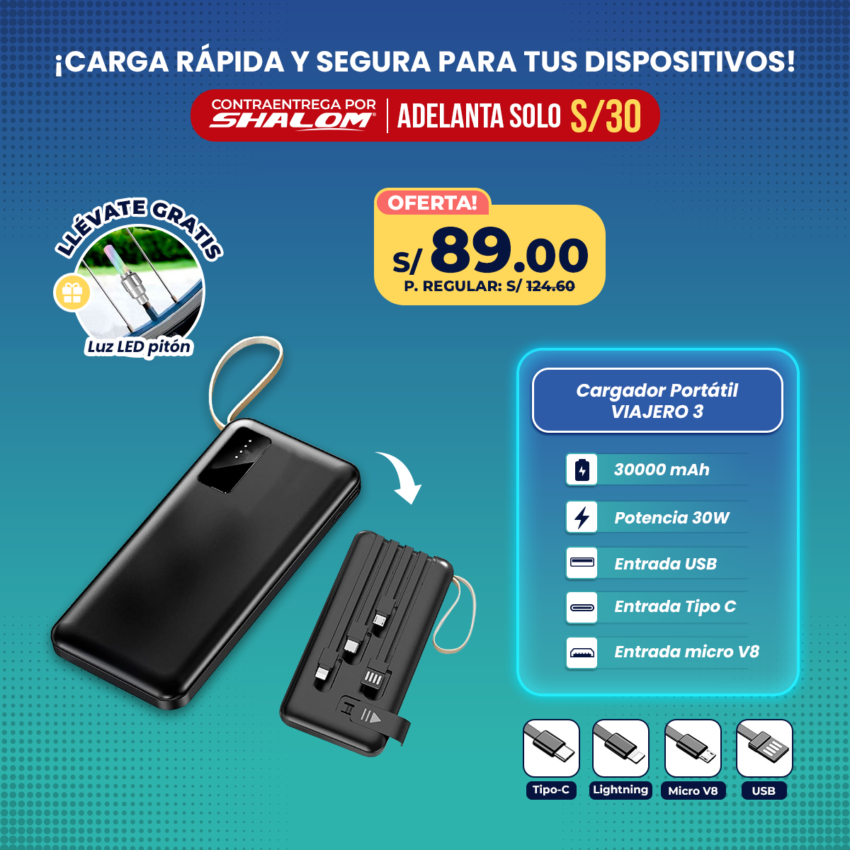 Cargador Portátil Viajero 30000mAh / 4EN1 30W SUPER CARGA RÁPIDA