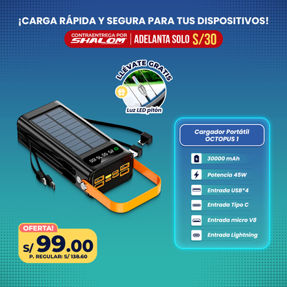 Cargador Portátil Solar 30000mAh  OCTOPUS 1  / 4EN1 30W SUPER CARGA RÁPIDA