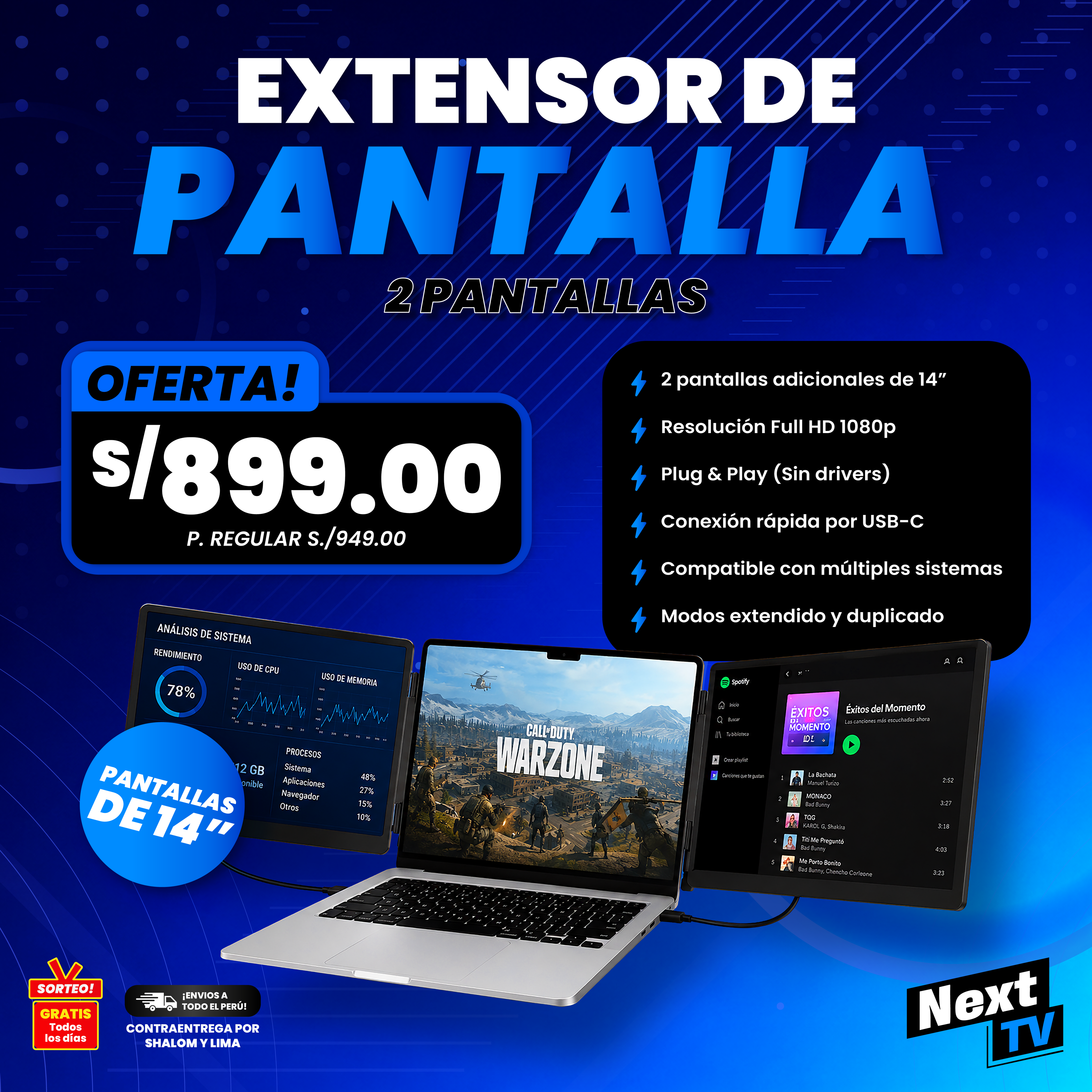 EXTENSOR DE PANTALLA 2 PANTALLAS 14 PULGADAS