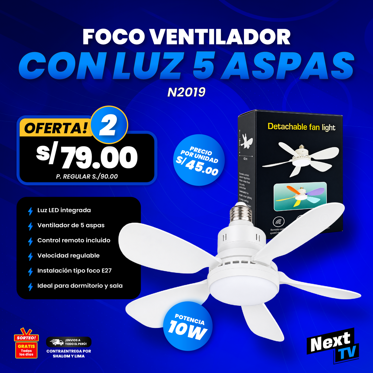FOCO VENTILADOR CON LUZ 5 ASPAS N2019