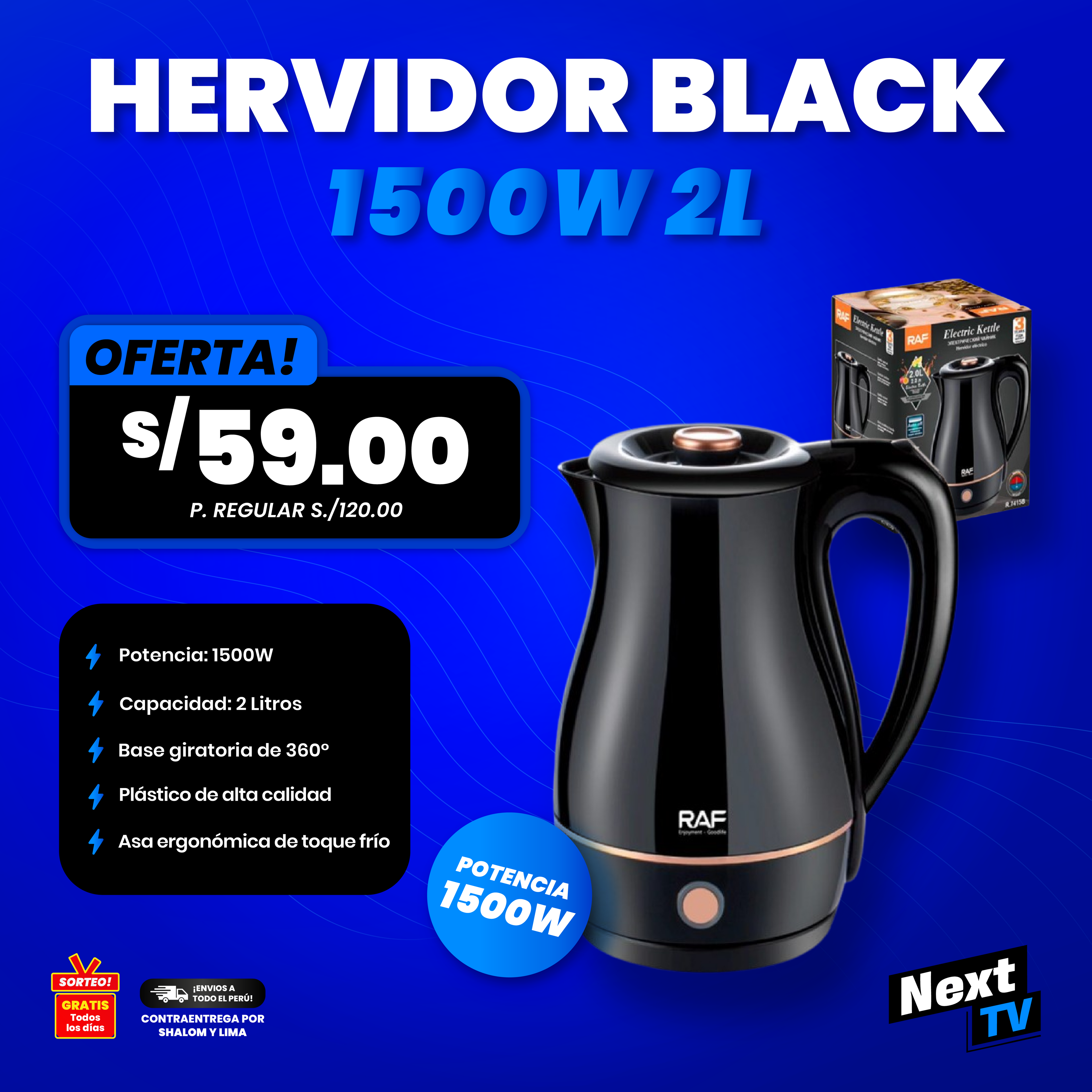 HERVIDOR ELÉCTRICO RAF BLACK 2L 1500W