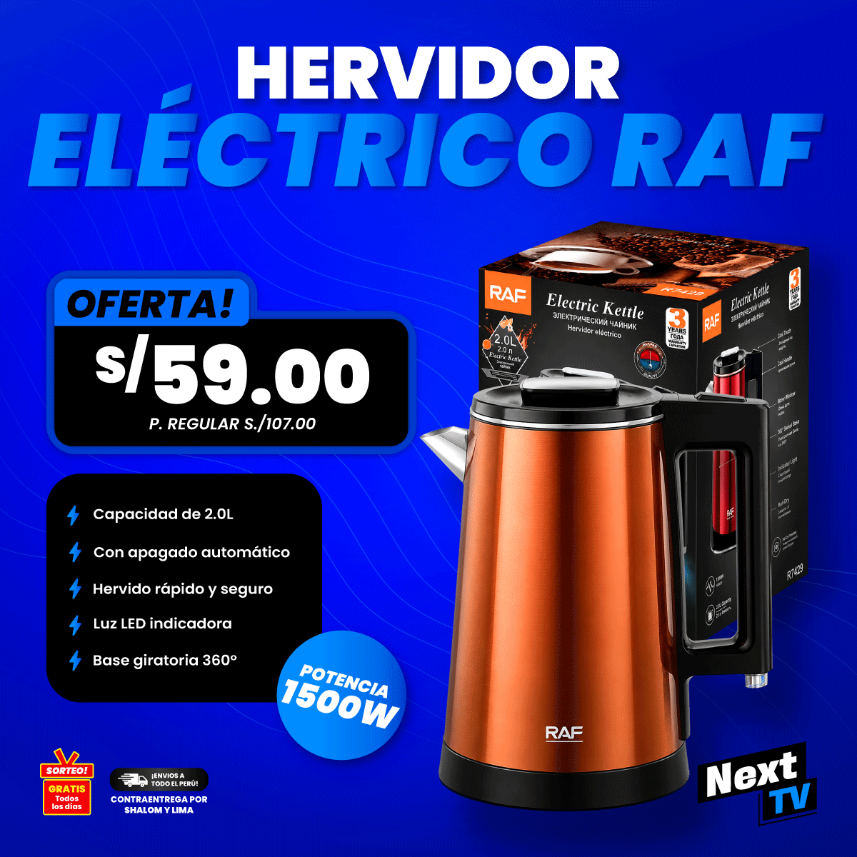 HERVIDOR ELÉCTRICO RAF R7323 2 LITROS 1500W