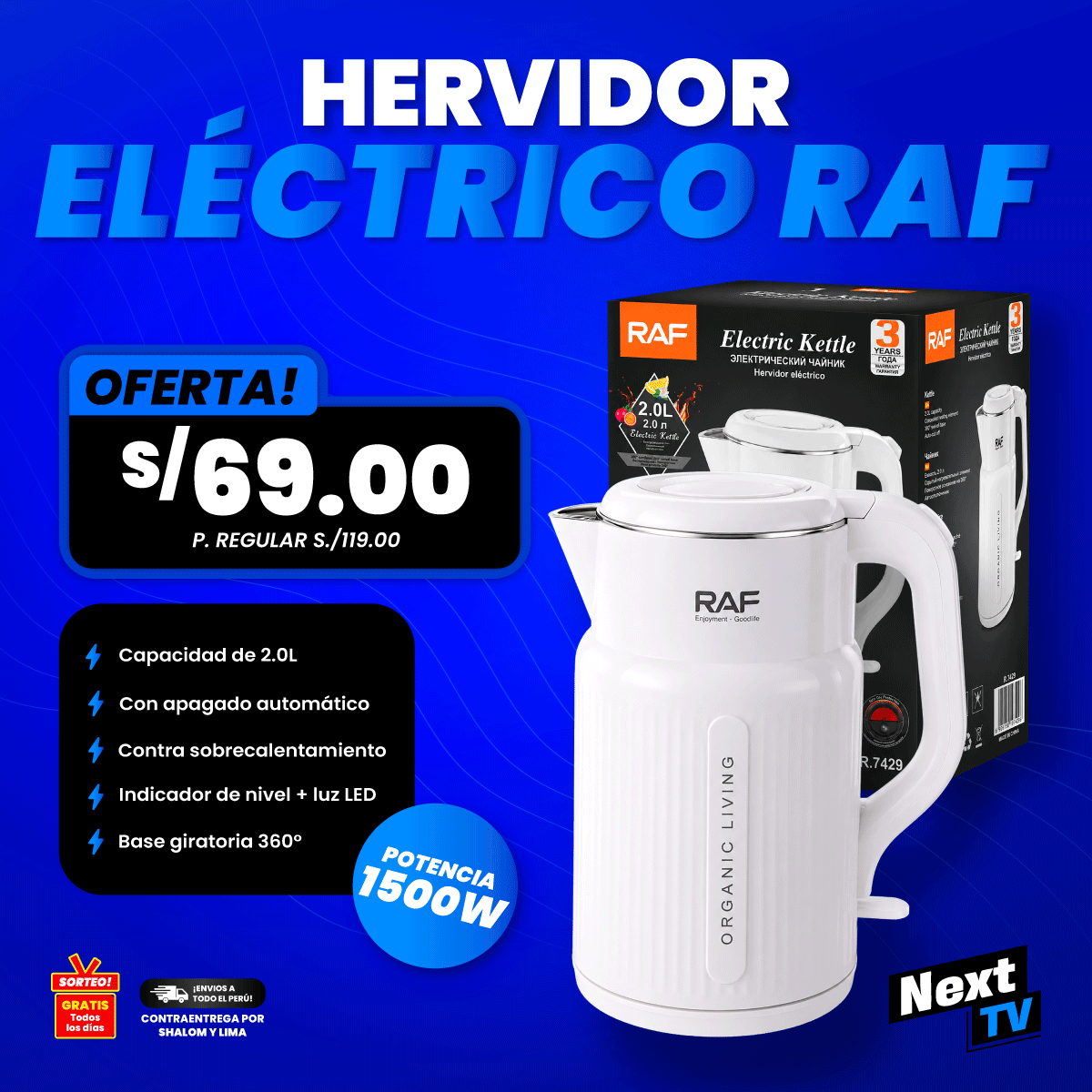 HERVIDOR ELÉCTRICO RAF R7429 2 LITROS 1500W