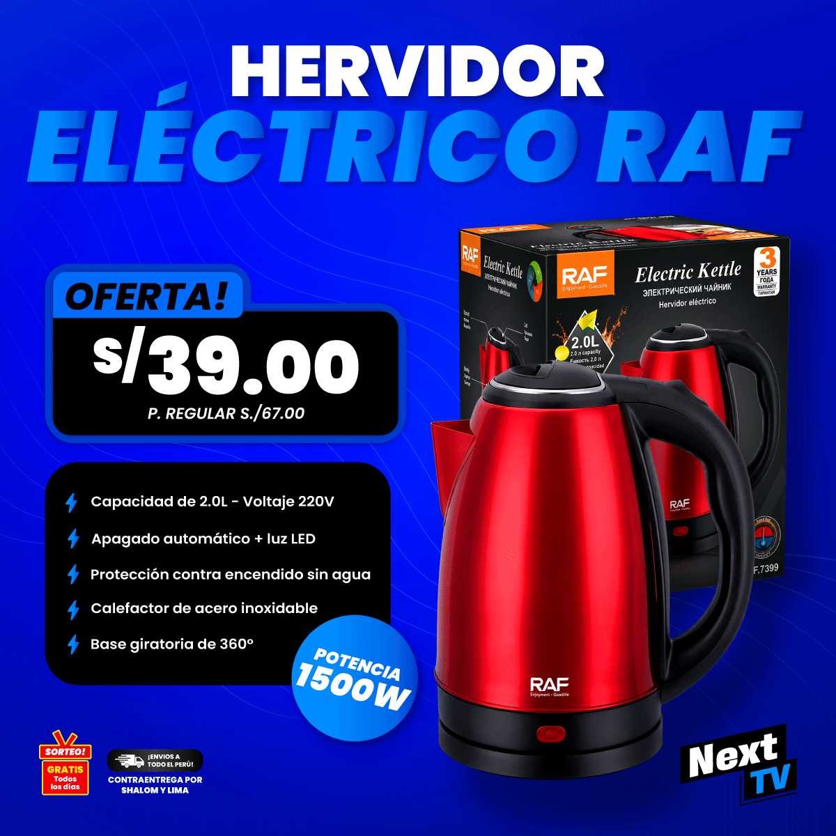 HERVIDOR ELÉCTRICO RAF 2 LITROS 1500W