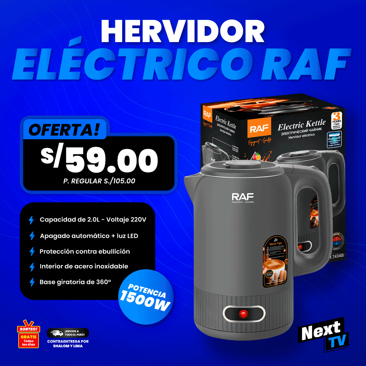 HERVIDOR ELÉCTRICO RAF R7434 2 LITROS 1500W