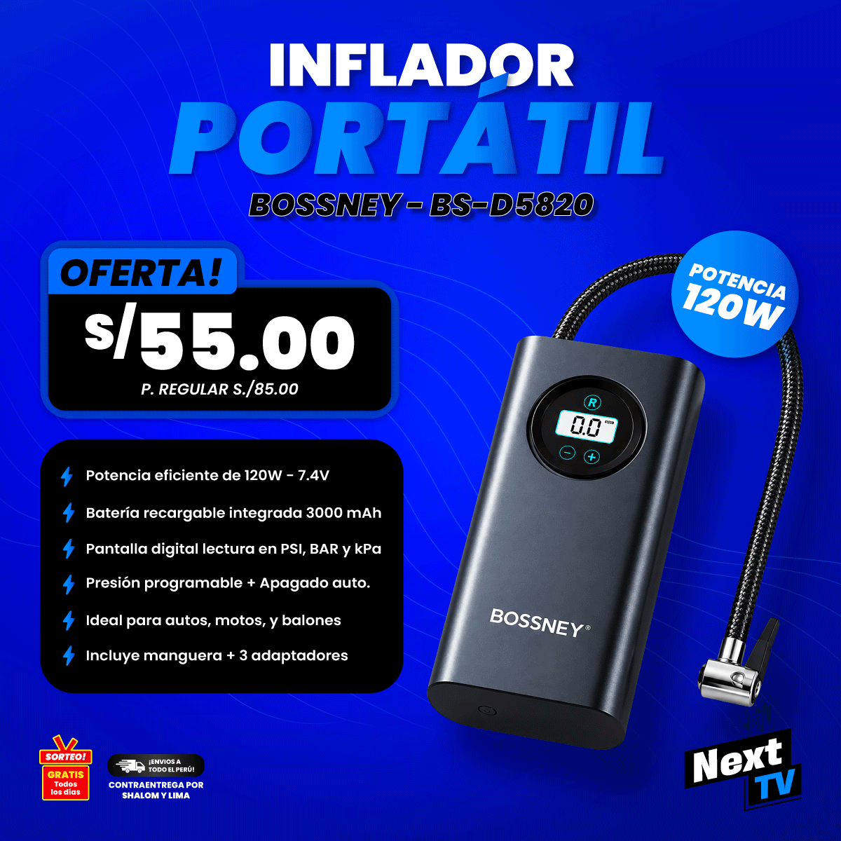 INFLADOR PORTÁTIL BOSSNEY BS-D5820 - N2008