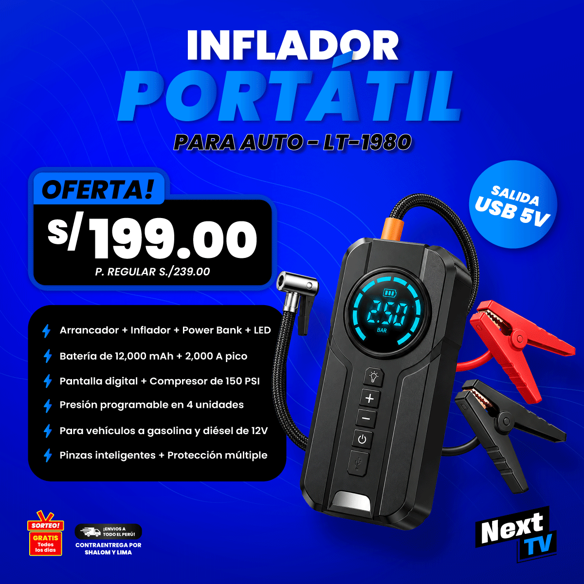 INFLADOR PORTÁTIL PARA AUTO LT-1980 - N2087