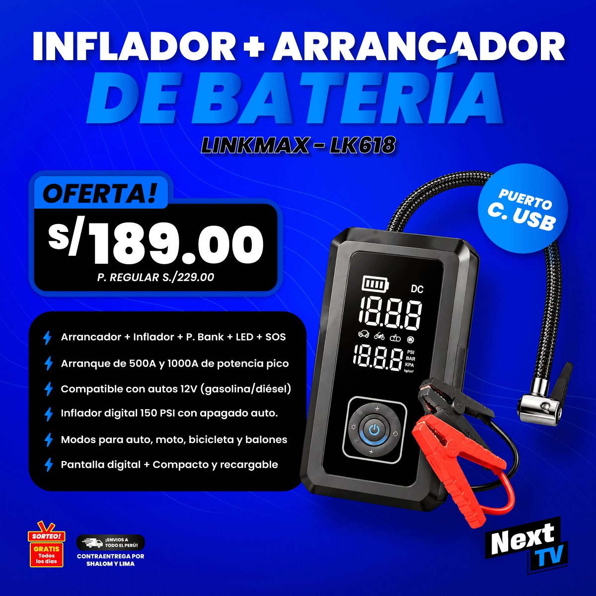 INFLADOR + ARRANCADOR DE BATERIA LINKMAX LK618 - N1052