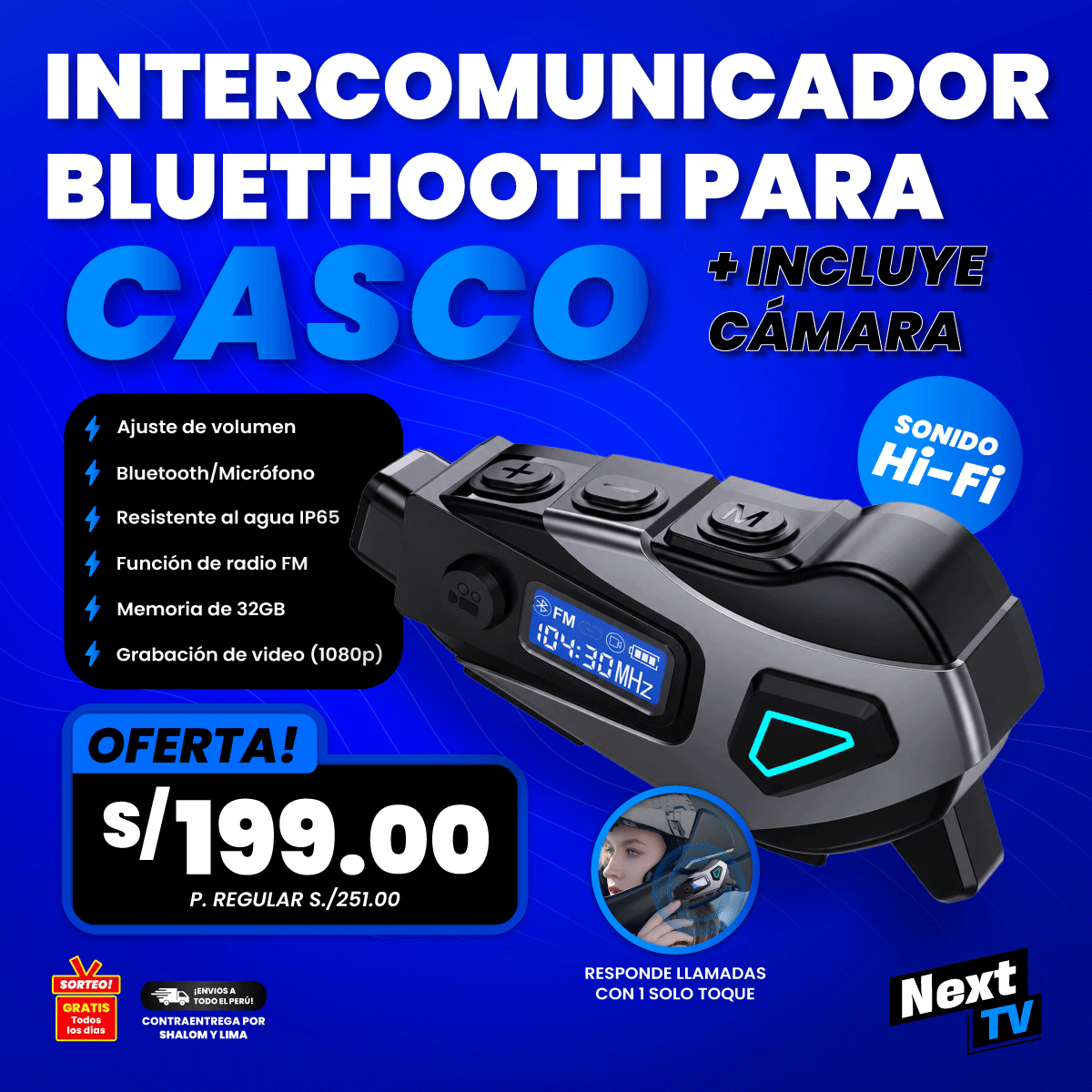 INTERCOMUNICADOR BLUETOOTH PARA CASCO CON CÁMARA