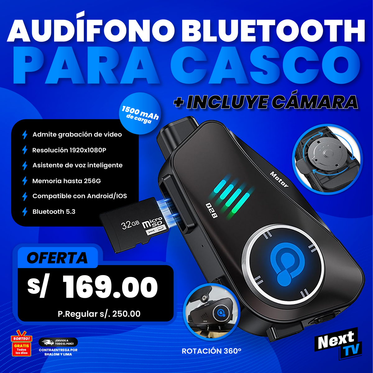 Audífono Bluetooth para Casco con Cámara Integrada