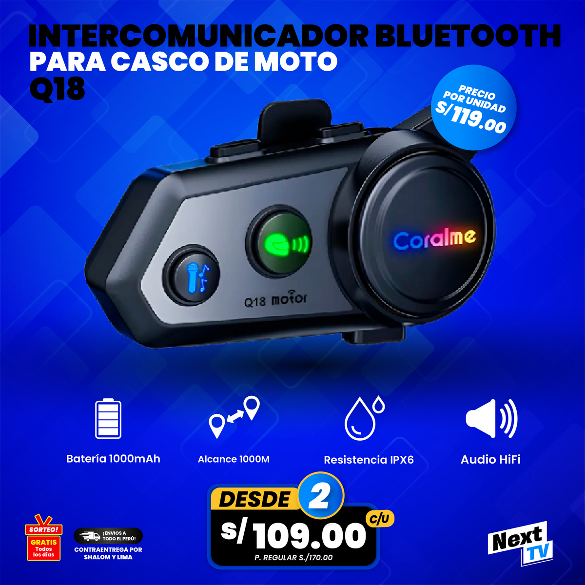 INTERCOMUNICADOR BLUETOOTH PARA CASCO Q18