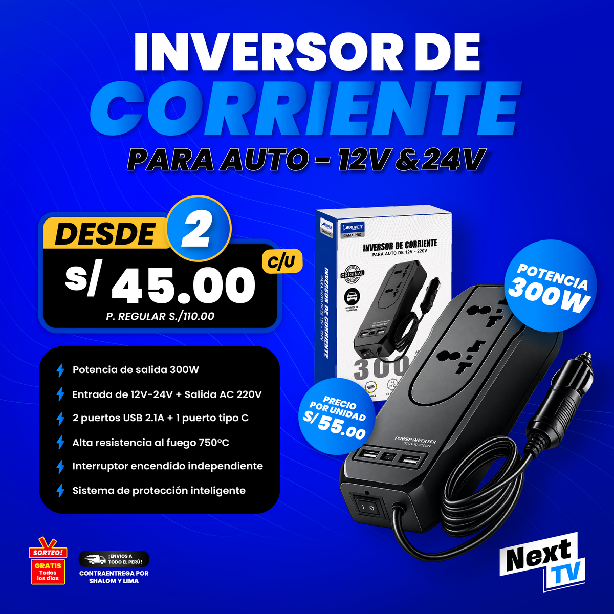INVERSOR DE CORRIENTE 300W PARA AUTO