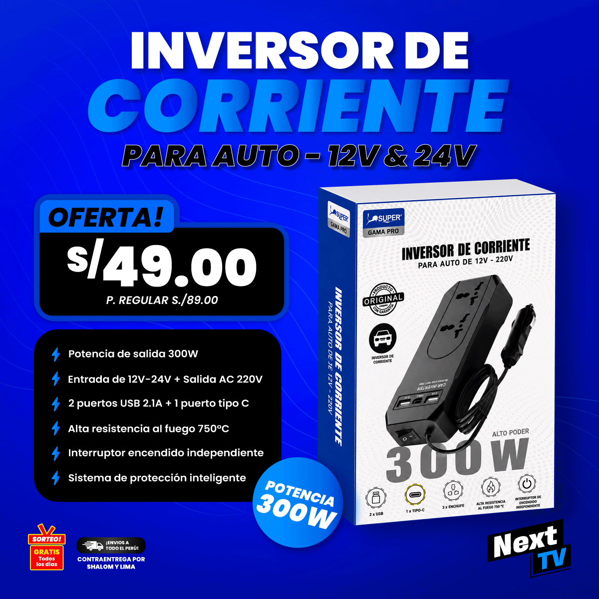 INVERSOR DE CORRIENTE 300W PARA AUTO
