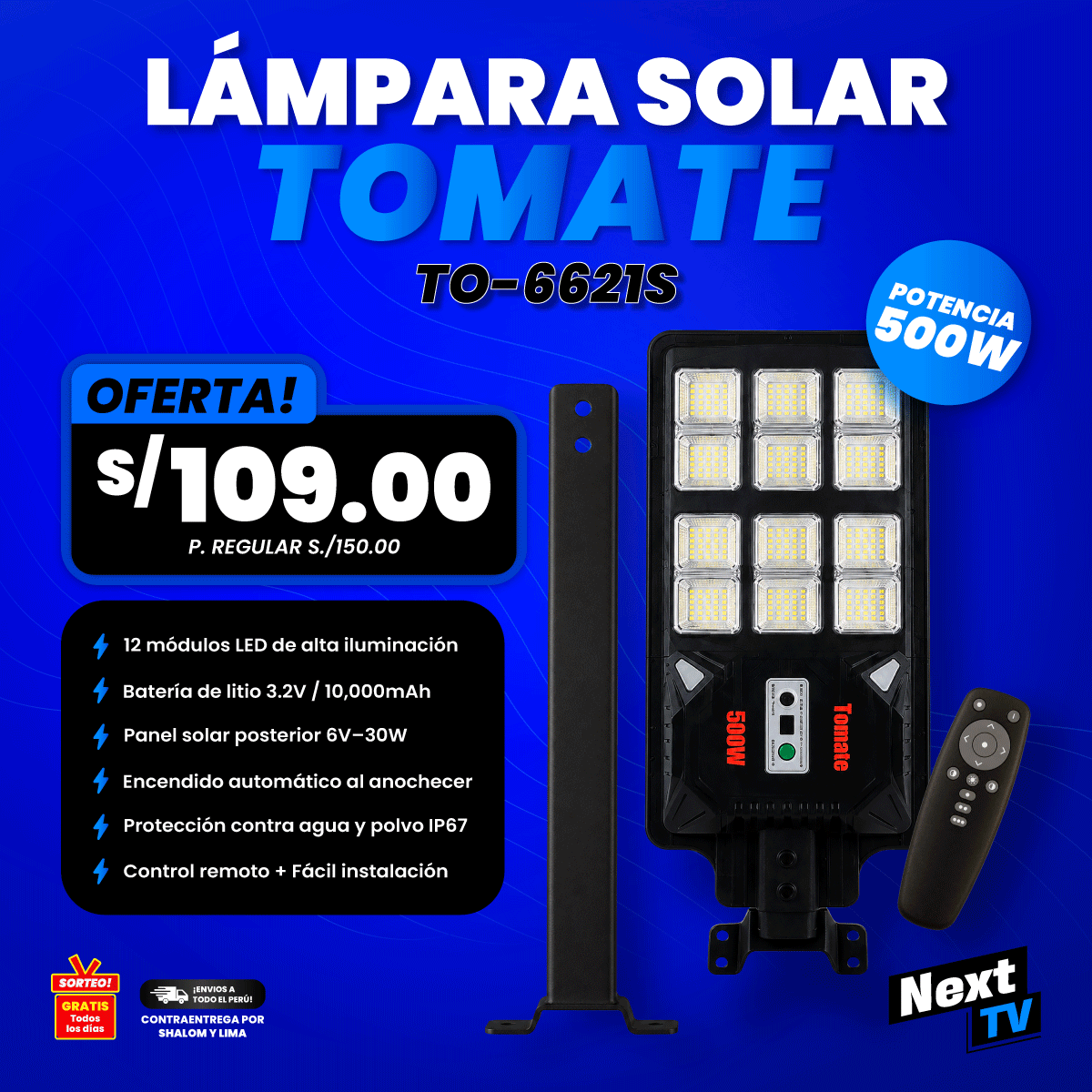 LÁMPARA SOLAR TOMATE TO-6621S 500W