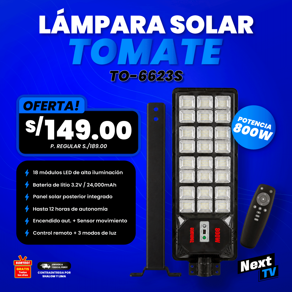 LÁMPARA SOLAR TOMATE TO-6623S 800W