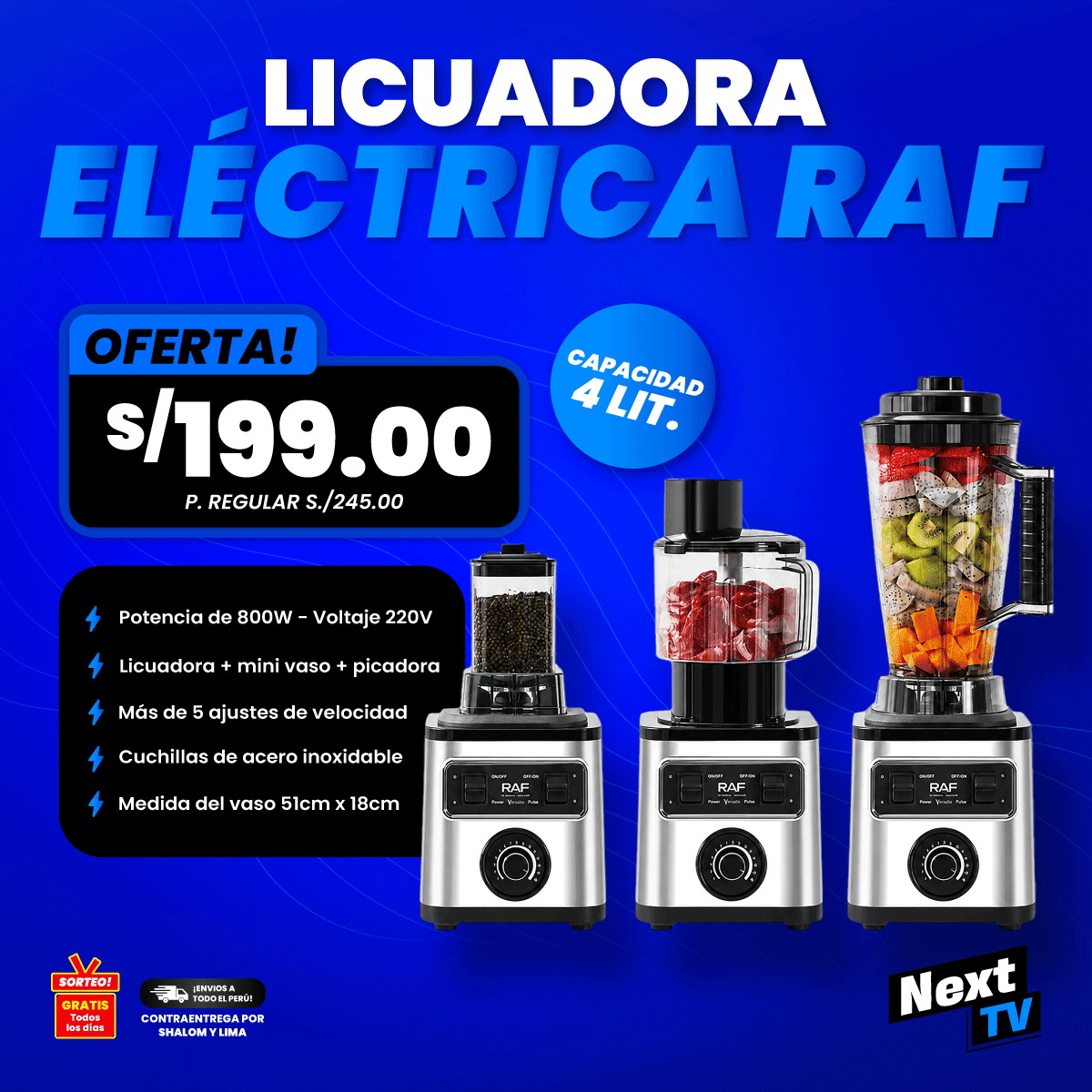 LICUADORA ELÉCTRICA RAF 4 LITROS 800W