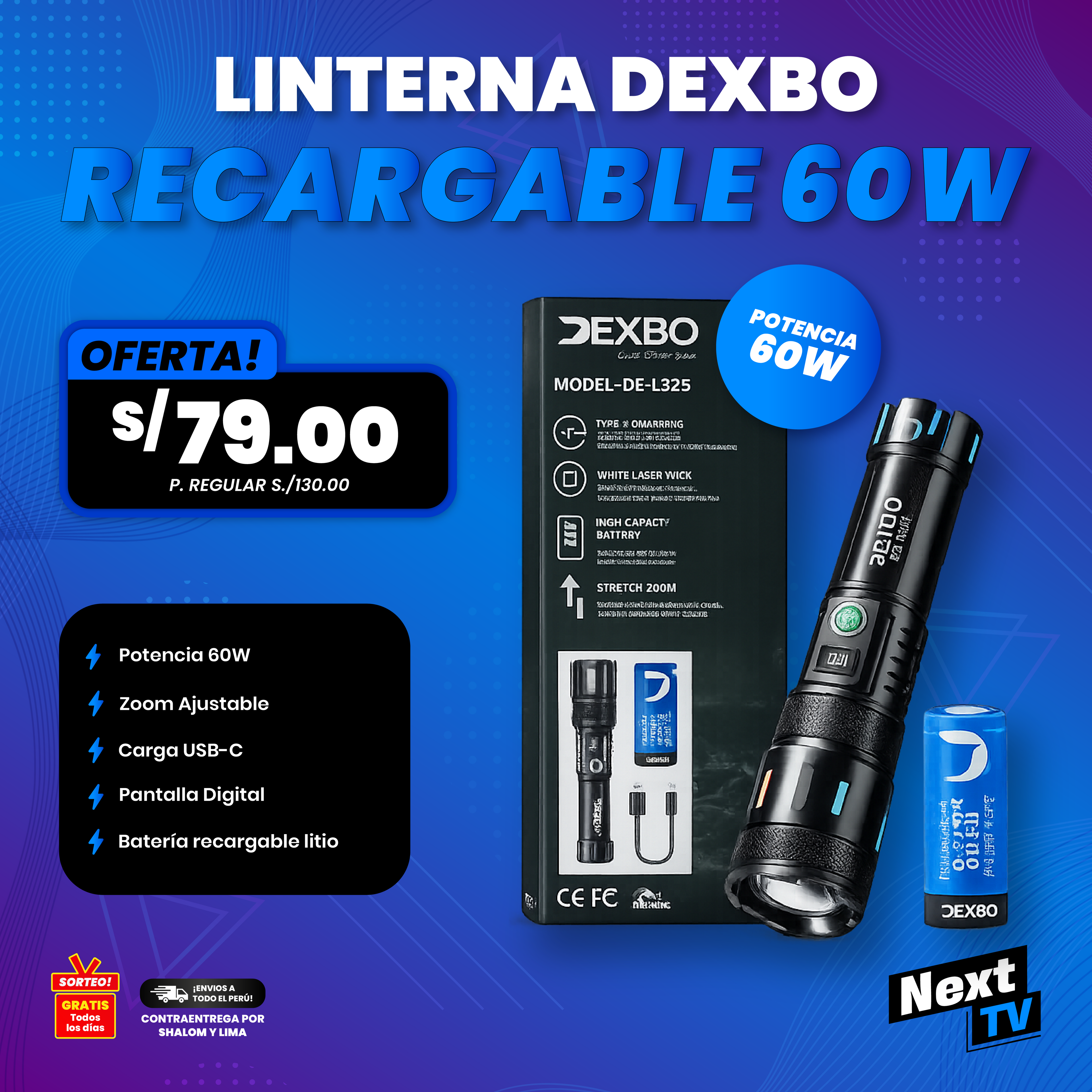 LINTERNA DEXBO RECARGABLE 60W
