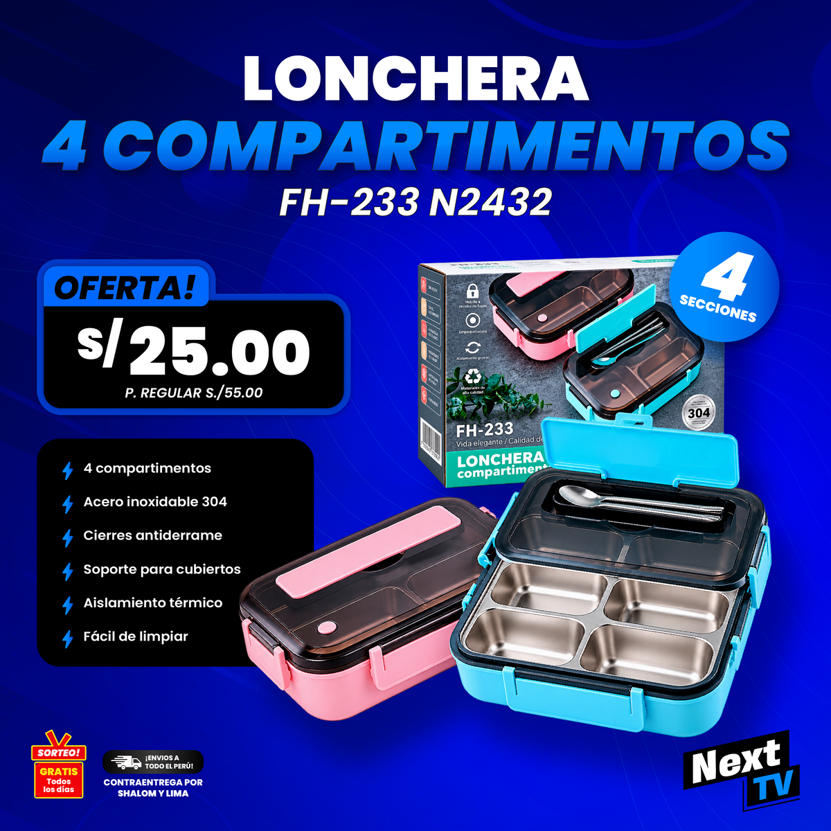 LONCHERA CON 4 COMPARTIMENTOS + SOPORTE FH-233 N2432