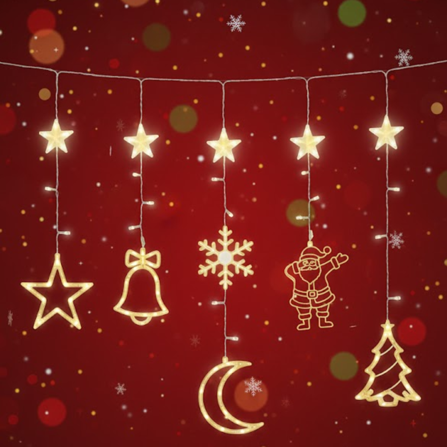 Cortina Navideña LED – Figuras Decorativas (Estrellas, Campana, Copo, Papá Noel, Luna y Árbol)