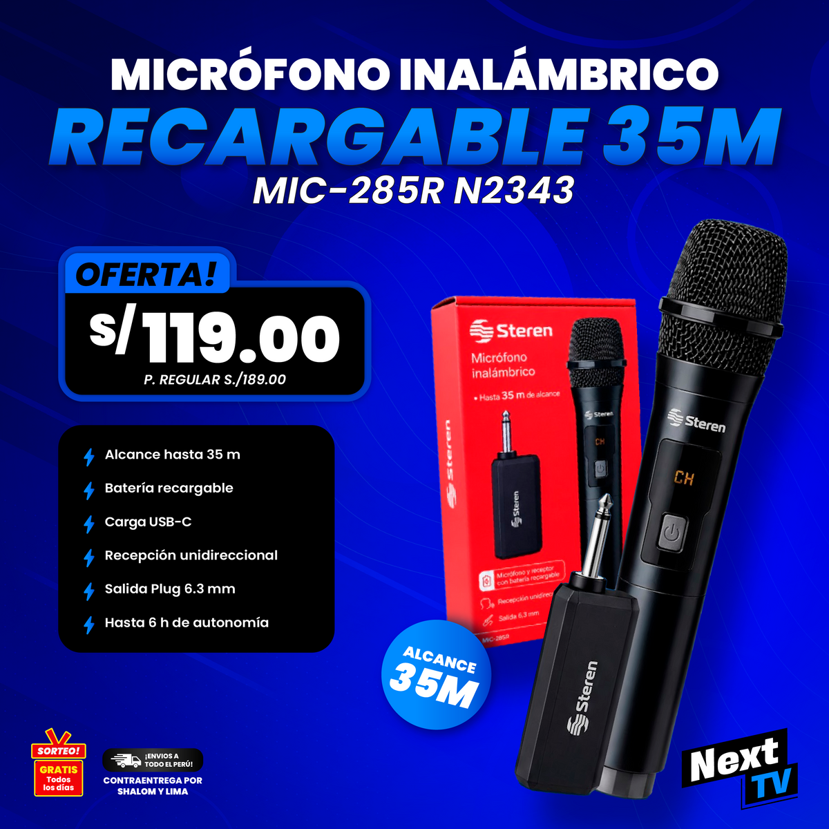 MICRÓFONO INALÁMBRICO RECARGABLE 35M MIC-285R N2403