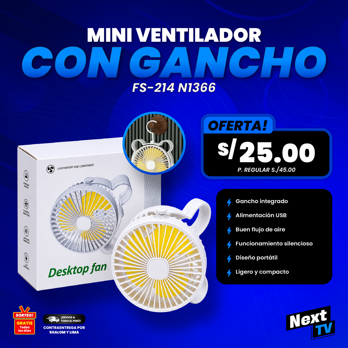 MINI VENTILADOR CON GANCHO DISEÑO FS-214 N1366