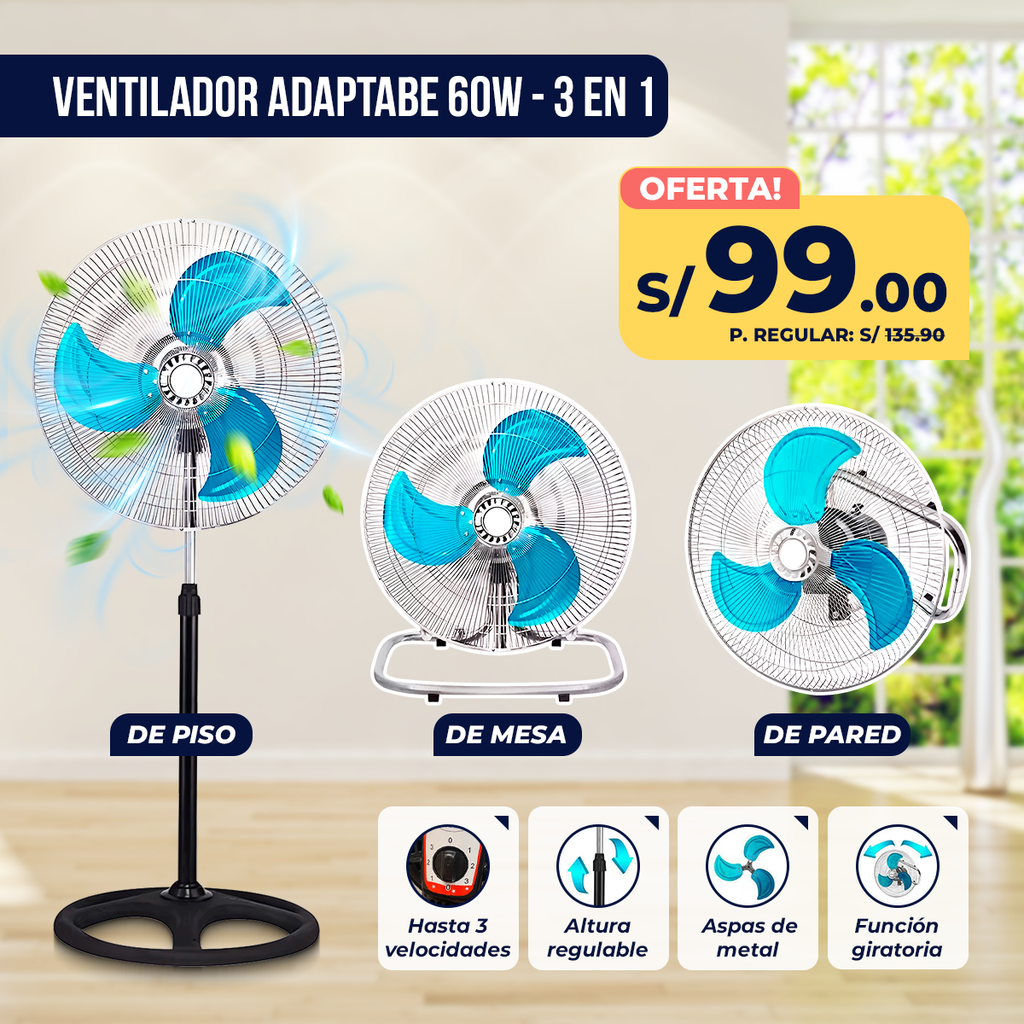 Ventilador de Pie 3 en 1 de 18” – 60W