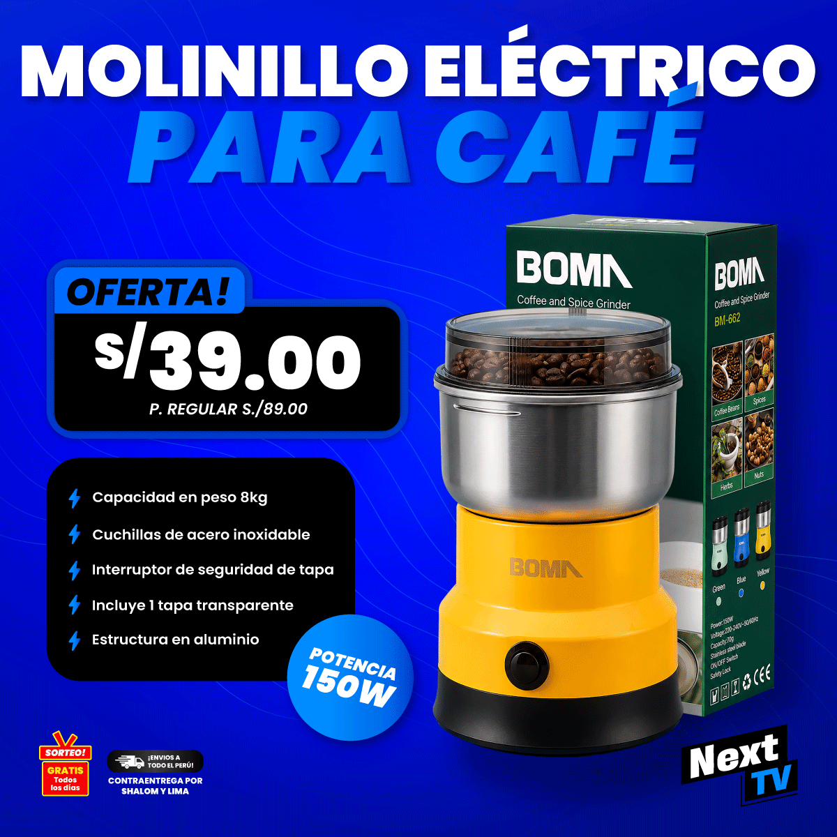 MOLINILLO ELÉCTRICO PARA CAFÉ BOMA 150W