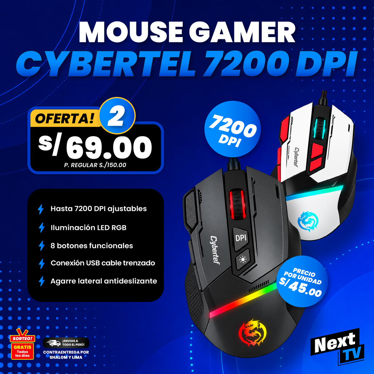 MOUSE GAMER CYBERTEL 7200 DPI RGB - PC413